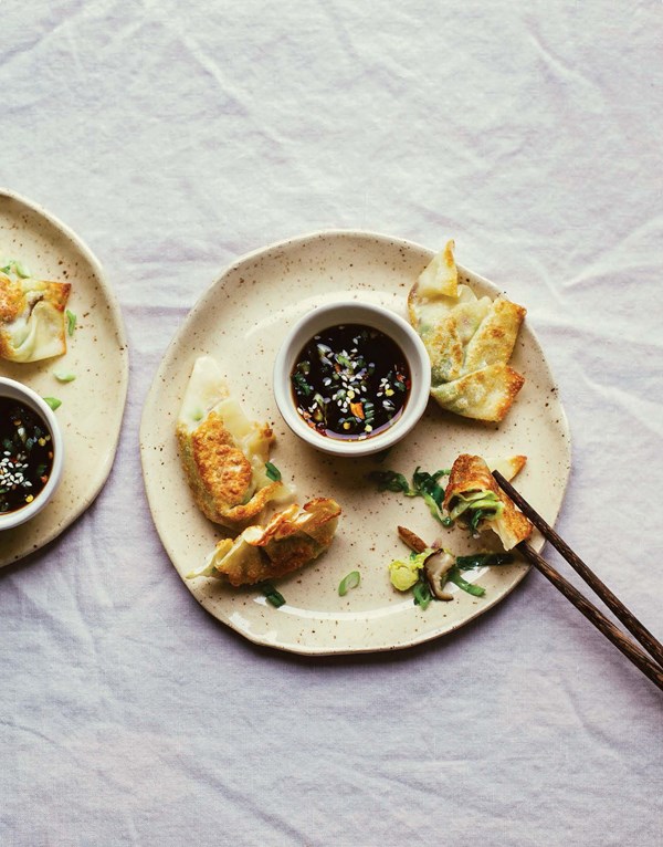 Gingered Brussels sprout and shiitake pot stickers