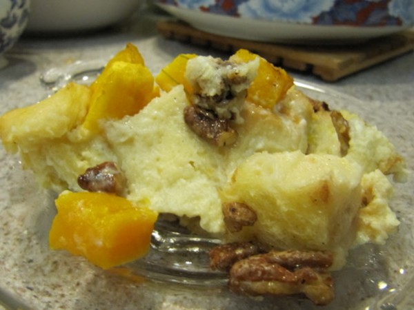 Gingered butternut bread pudding with coconut and maple