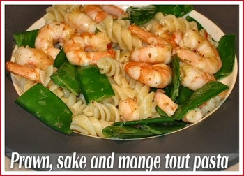 Gingered prawn, mange tout and sake pasta