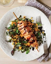 Gingered salmon with grilled corn and watercress salad