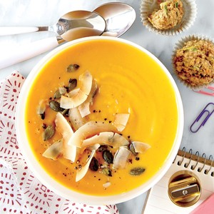 Gingered sweet potato soup with toasted coconut and pumpkinseeds