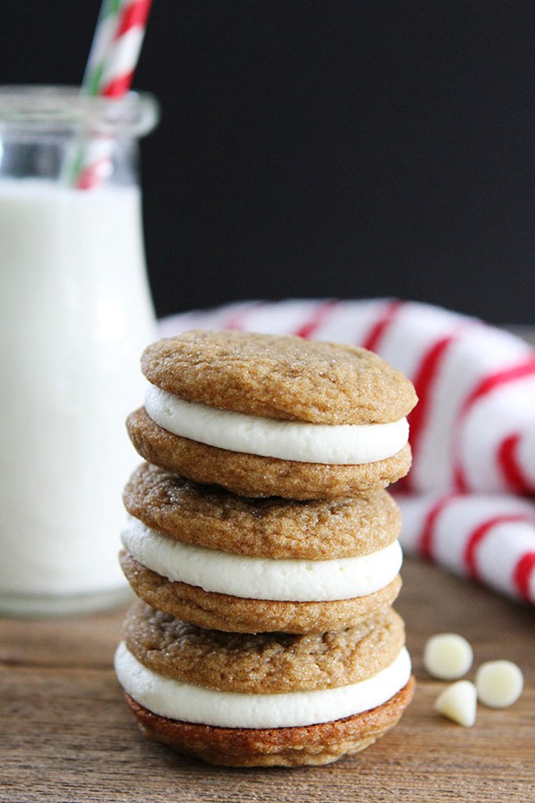 Gingersnap sandwich cookies with white chocolate filling