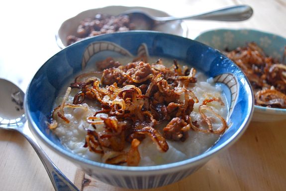 Gingery congee with pork and crispy shallots