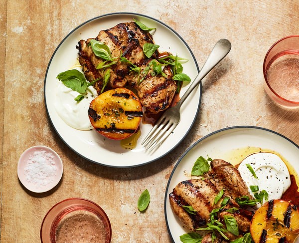 Gingery grilled chicken thighs with charred peaches