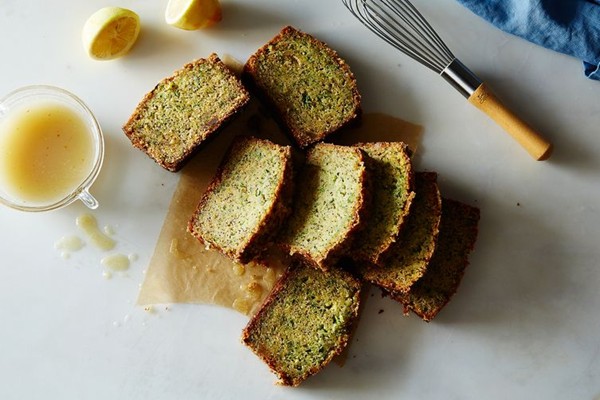 Gingery olive oil zucchini cake with poppy seeds and lemon crunch glaze