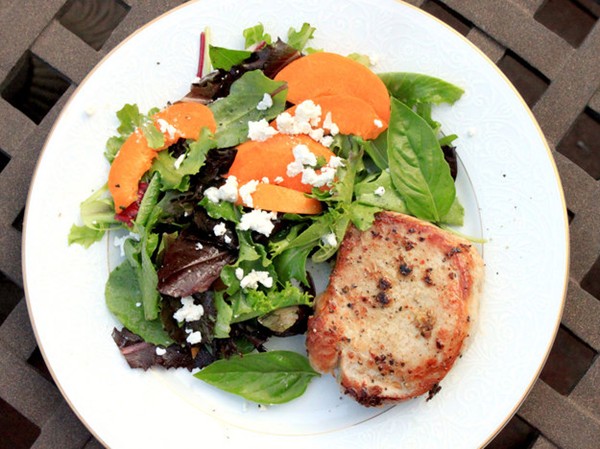 Gingery pork chops with apricot and feta salad