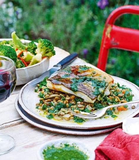 Giorgio Locatelli's cod, parsley sauce and lentils with broccoli & almond salad