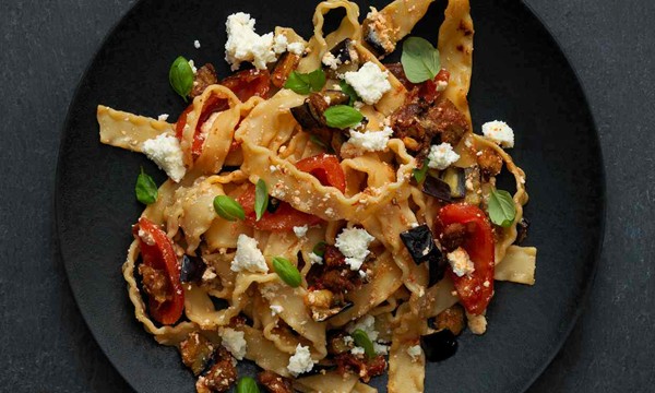 Giorgio Locatelli’s reginette with aubergine, tomato and salted ricotta