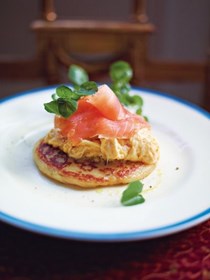 Glasgow potato scones with scrambled egg and smoked salmon