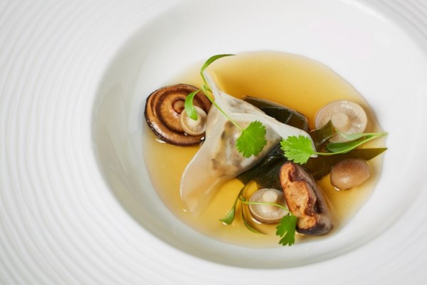 Glass dumpling with miso dashi and mushrooms