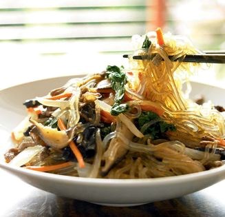 Glass noodles with beef and vegetables (Japchae)
