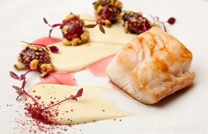 Glazed Alaska black cod with a verjuice sauce and crunchy grapes