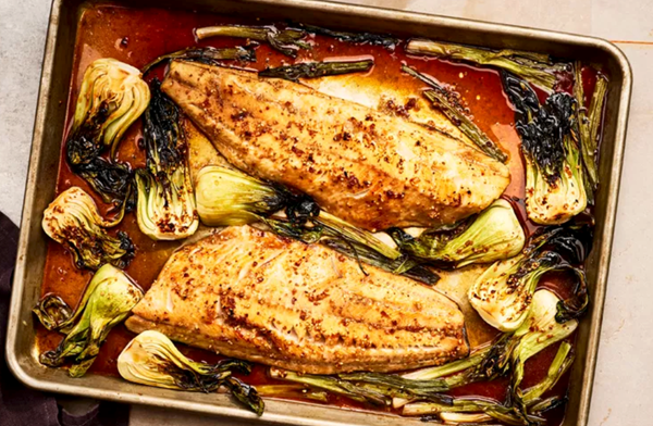 Glazed black cod with bok choy and scallions