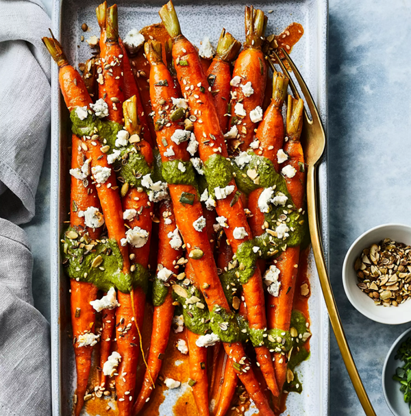 Glazed carrots with green harissa & benne seed crunch