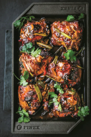 Glazed chicken thighs with garlic, ginger, and scallions
