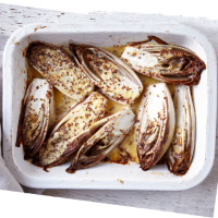 Glazed chicory bulbs with mustard, crème fraîche and honey
