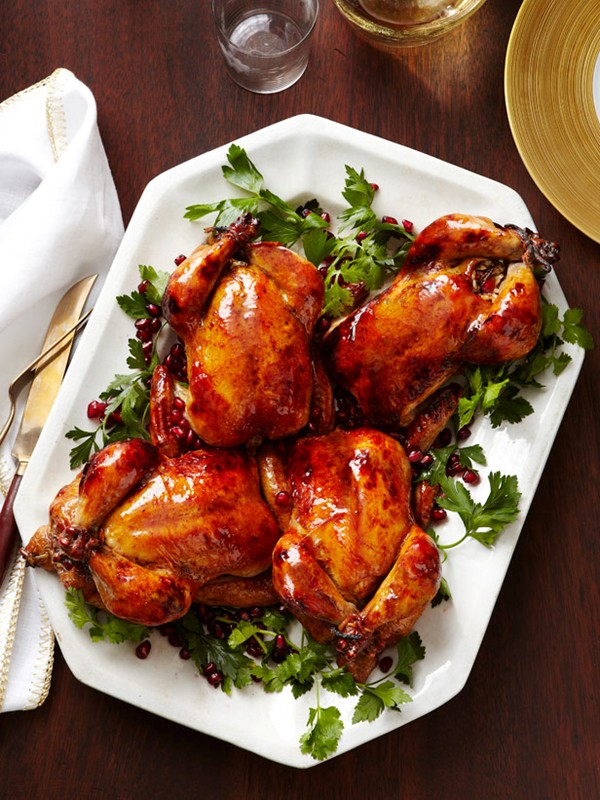 Glazed cornish hens with pomegranate-rice stuffing