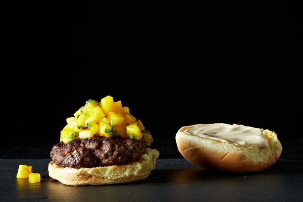 Glazed five spice burger with gingery mangos
