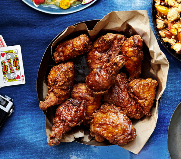 Glazed fried chicken with Old Bay and cayenne