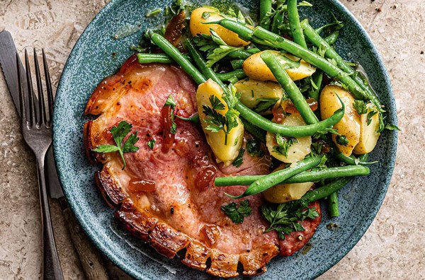 Glazed gammon with parsley & bean salad