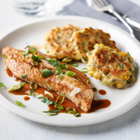 Glazed haddock with sweetcorn and coriander fritters