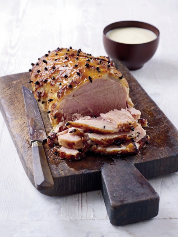 Glazed ham with cider and mustard sauce