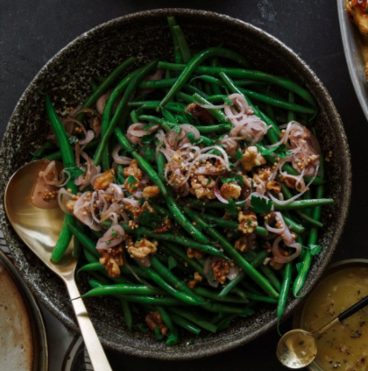 Glazed haricots verts with pickled shallot-walnut relish