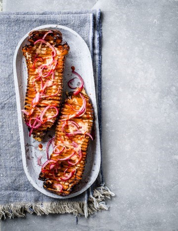 Glazed Hasselback squash with sesame-honey-Sriracha