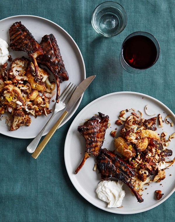 Glazed lamb chops with cauliflower and date salad