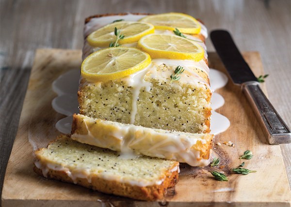 Glazed lemon-thyme poppy seed cake