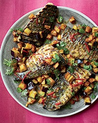 Glazed mackerel with fried eggplant and mojo