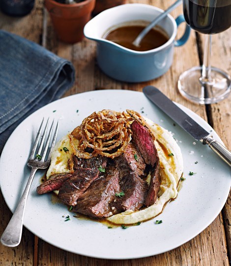 Glazed onglet steak with brown butter mash, crispy shallots and Madeira