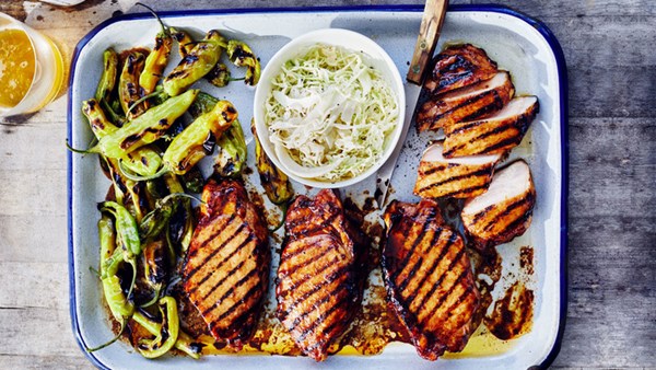Glazed pork chops and blistered shishitos