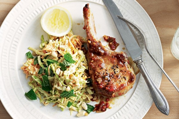Glazed pork cutlets with apple slaw