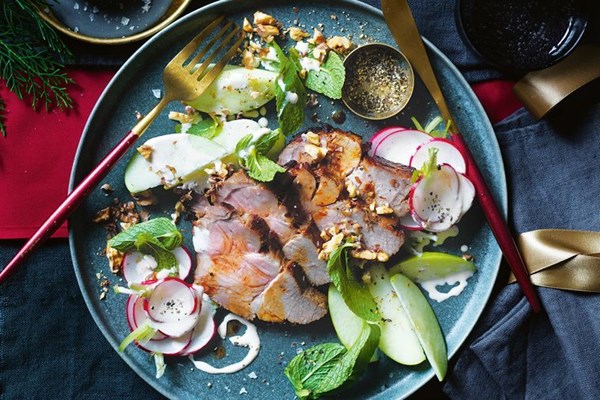 Glazed pork neck with apple and radish salad