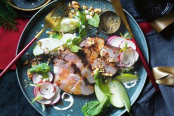 Glazed pork neck with apple and radish salad