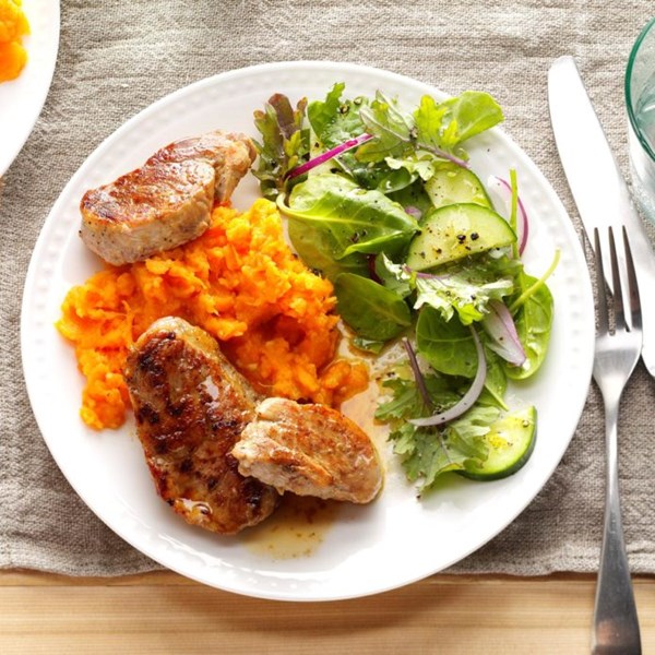 Glazed pork on sweet potato beds