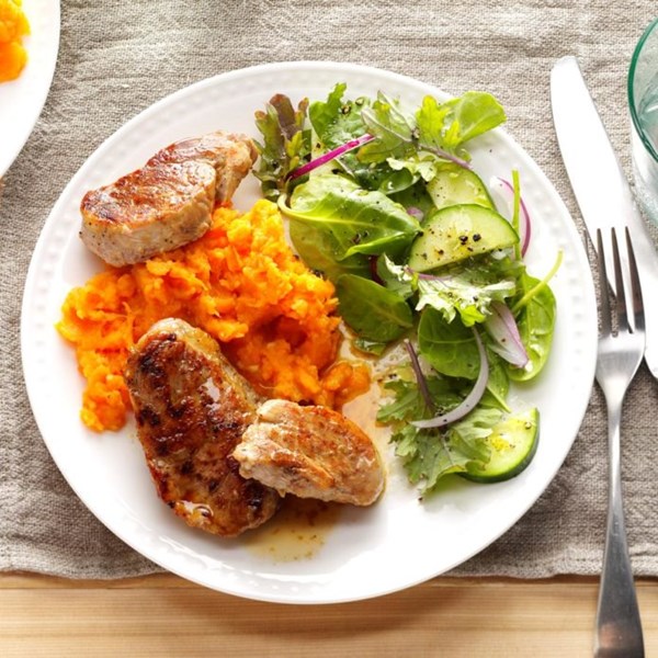 Glazed pork on sweet potato beds