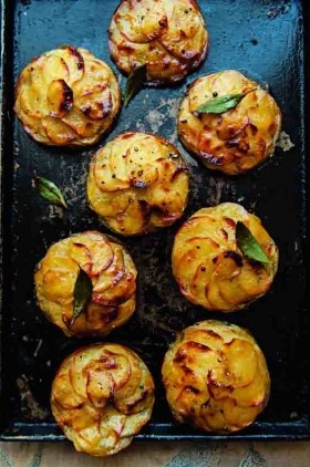 Glazed potato galettes with herbs