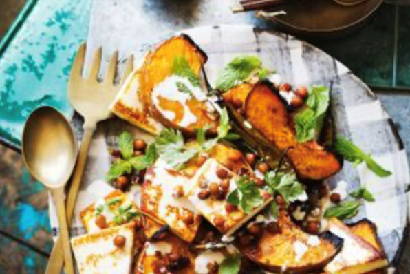 Glazed pumpkin with crispy chickpeas and paneer