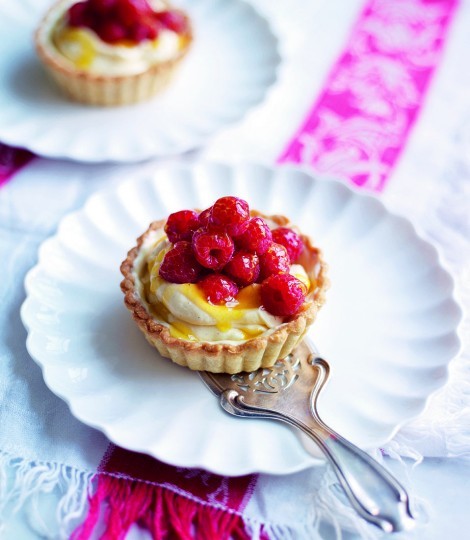 Glazed raspberry and white chocolate tarts