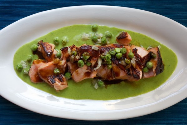 Glazed salmon with English peas two ways