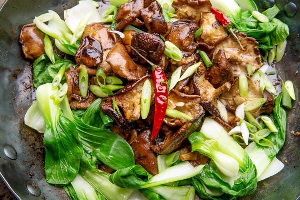 Glazed shiitake mushrooms with bok choy