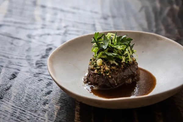 Glazed shin of beef with a crumb of bone marrow and sourdough, with butter January king cabbage