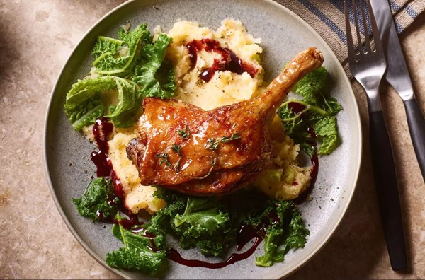 Glazed slow-roasted duck with swede & potato mash