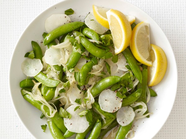 Glazed sugar snap peas and turnips