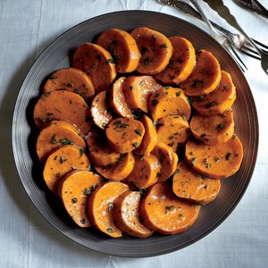 Glazed sweet potatoes with maple gastrique