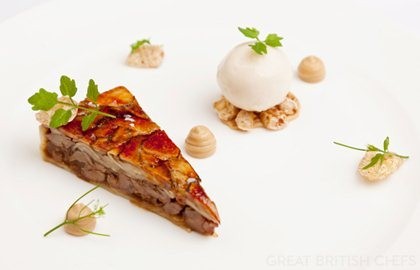 Glazed 'tart' of pig cheeks and penny bun, roasted celeriac, pear sorbet and wild cress