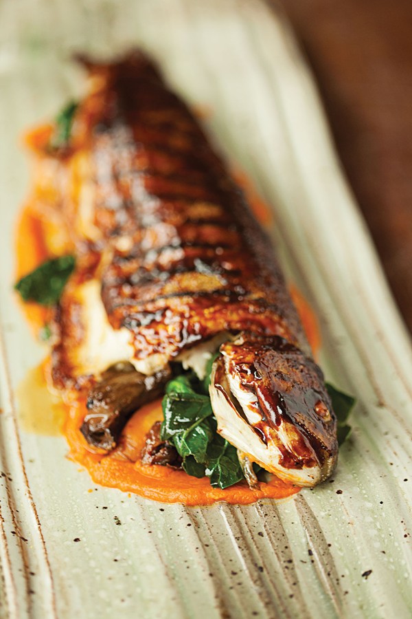 Glazed trout with carrot puree and spatzle