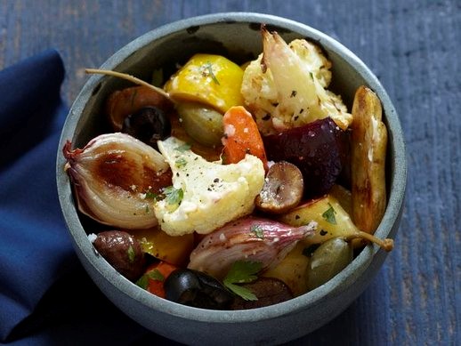Glazed winter vegetable medley with chestnuts and caper berries